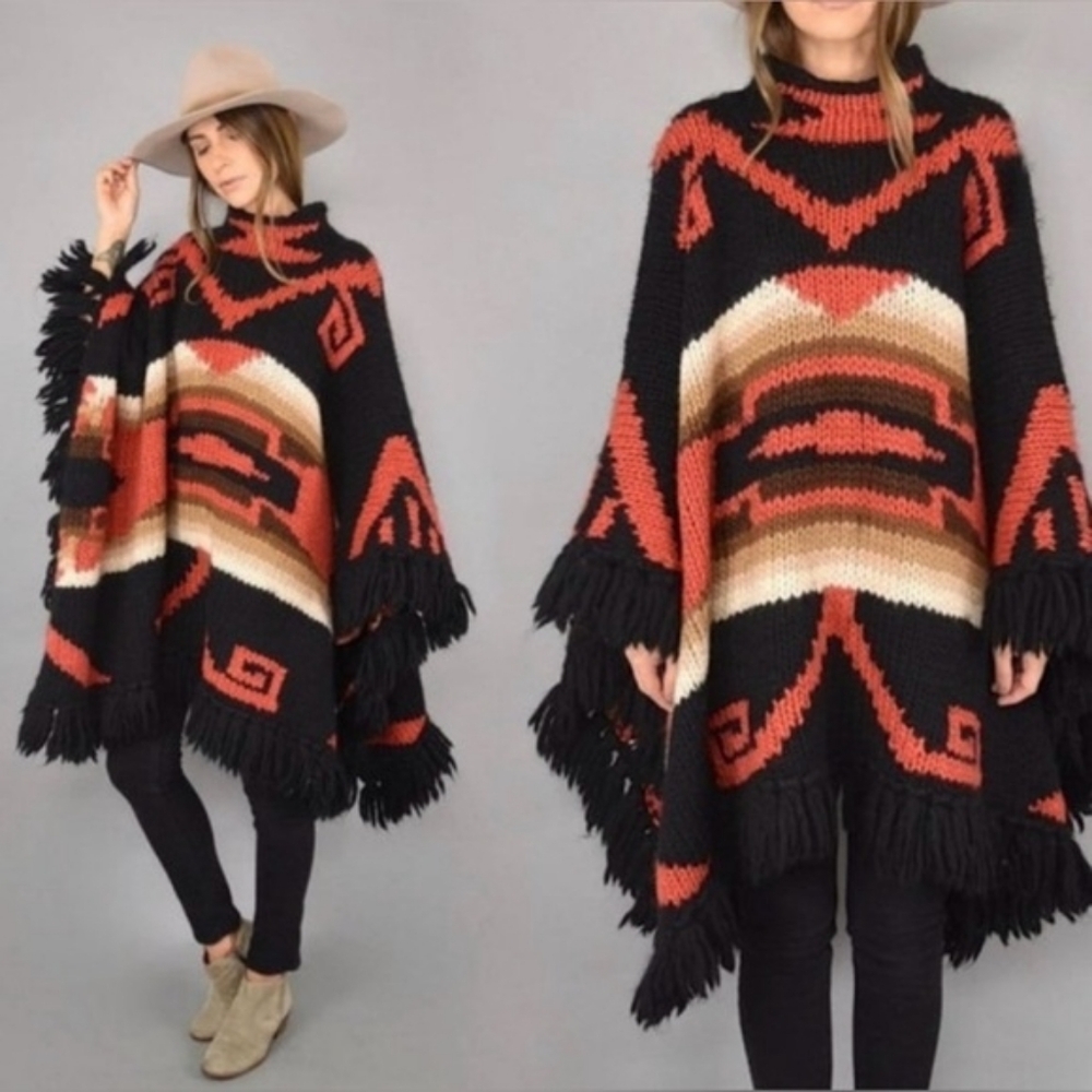 Ralph Lauren Vtg Southwestern Handknit‎ Fringe Poncho One Size 100% Wool Western